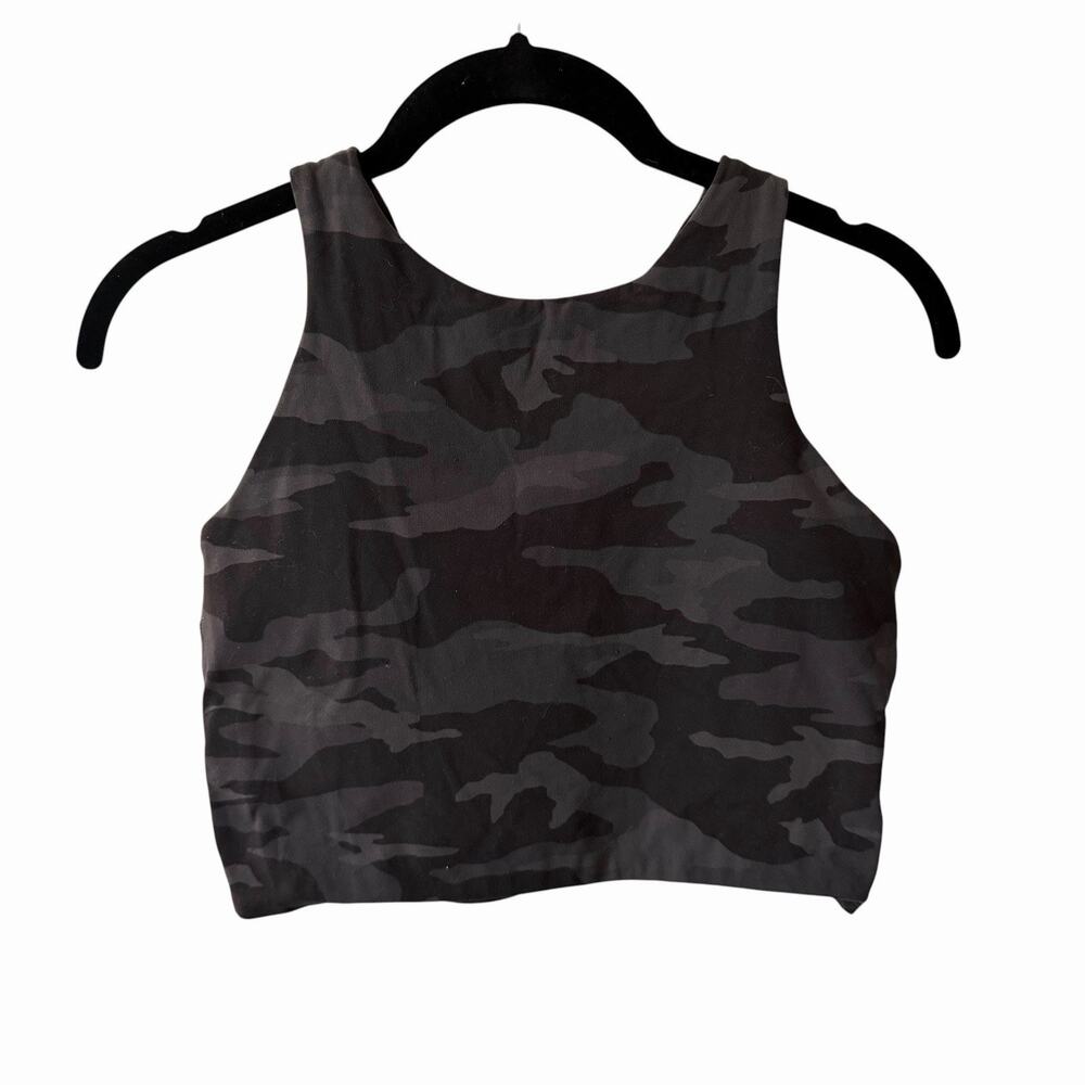 Athleta Womens Small Cropped Top Shelf Bra Black Gray Camo Print Racerback